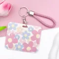 Pink floral sliding card holder with braided lanyard and keychain for student ID cards. - Five-Petal Flower / With Pink Hand Rope / Pale Blue