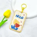 Porte-badge tulipe mignon avec porte-clés étui de carte housse de protection style - Fleur Nice avec bordure jaune et fermoir menottes jaune