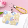 Cute Floral Pattern Slide Card Holder with Yellow Braided Strap ID Badge Case. - Five-Petal Flower / With Yellow Hand Strap / Yellow Blue