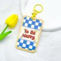 Joli porte-carte d'identité à carreaux bleus avec porte-clés, étui de protection pour clés. - Texte à carreaux bleu et blanc avec bordure jaune et fermoir menottes jaune