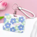 Blue floral slide card holder with white braided wrist strap and metal keychain for ID IC cards. - Five-Petal Flower / With White Hand Strap / Cyan