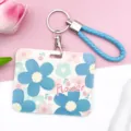 Blue Floral Sliding Card Holder with Blue Braided Strap and Metal Keychain Variant - Five-Petal Flower / With Mid-Blue Hand Strap / Green and Pink