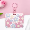 Pink floral slide card holder with keychain, cute student bus card protector cover variant. - Five-Petal Flower / With Pink Handcuff Clasp / Pale Blue