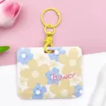 Floral slide card holder with yellow keychain, cute floral student bus card protector case. - Five-Petal Flower / With Yellow Handcuff Buckle / Yellow Blue
