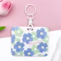 Floral pattern slide horizontal card holder with white metal keyring for campus bus cards. - Five-Petal Flower / With White Handcuff Clasp / Cyan