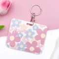 Cute floral sliding card holder with keychain, ideal for student ID, bus card, and IC cards. - Five-Petal Flower / With Round Buckle / Pale Blue