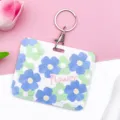 Floral sliding badge holder with keychain, blue and green flower pattern card case variant. - Five-Petal Flower / With Round Buckle / Cyan
