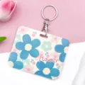 Blue flower pattern slide card holder with metal keychain, cute badge protector for daily use. - Five-Petal Flower / With Round Buckle / Green and Pink