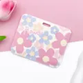 Cute floral print sliding card holder horizontal ID badge case for student daily use - Five-Petal Flower / No Accessories / Pale Blue