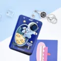 Cute astronaut sliding card holder with retractable reel for school student ID and transit cards. - Large-Flying Astronaut + White Retractable Clip (Astronaut)