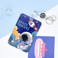 Cute astronaut push-slide card holder with retractable badge reel and keychain for students. - Large-Headphone Astronaut + White Retractable Clip (Astronaut)