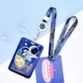 Cute astronaut ID badge holder with lanyard sliding card protector for students office. - Large-Flying Astronaut + Blue Purple Astronaut Retractable Lanyard