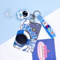 Cute astronaut sliding card holder keychain with strap for student campus ID bus pass. - Large-SPACE Astronaut + Blue Astronaut Figurine