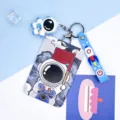 Cute astronaut card holder keychain set sliding bus card sleeve with strap student ID badge case - Large-Scooter Astronaut + Blue Astronaut Figurine