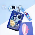 Cute astronaut slide card holder with lanyard and keychain, perfect for students. - Large-Flying Astronaut + Blue Astronaut Figurine
