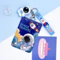 Cute astronaut theme card holder set with blue lanyard, sliding ID badge case for students. - Large-Headphone Astronaut + Blue Astronaut Figurine