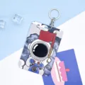 Cute astronaut sliding card holder with keychain, durable ID badge protector for school campus bus. - Large-Scooter Astronaut + Round Buckle
