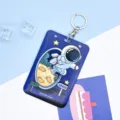 Cute astronaut sliding card holder with keychain for student campus ID cards and bus passes. - Large-Flying Astronaut + Round Buckle