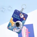 Cute astronaut push-slide card holder with keychain, ideal for student ID and bus pass. - Large-Headphone Astronaut + Round Buckle