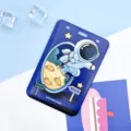 Cute blue sliding card holder with astronaut space design for student campus cards ID badges. - Large-Flying Astronaut (No Accessories)