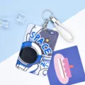 Cute astronaut push-pull sliding card case with keychain, student campus ID card holder sleeve. - Large-SPACE Astronaut + White Hand Rope