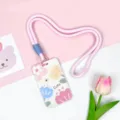 Pink lanyard ID card holder with cute floral design sliding protective case for student access. - Cute Four Flowers / Pink Long Braided Rope