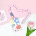 Pink lanyard card holder with cute floral pattern sliding transparent protective sleeve. - Flower Four Leaves One Blossom / Pink Long Braided Rope