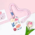 Pink lanyard card holder with floral pattern for students campus ID access cards - Full Screen English Floral / Pink Long Braided Rope