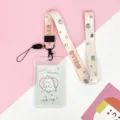 Cute cartoon dinosaur student card holder with neck lanyard transparent badge protective cover. - Vertical PP Card Sleeve / Green Base Dinosaur + Yellow Dot HELLO Long Lanyard