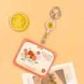 Cute cartoon flower ID card holder with retractable badge reel keychain student bus card case. - Horizontal-Orange Frame Flower Bush + White Badge Clip