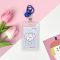 Transparent student ID card holder with cute cartoon bird design and blue bell keychain. - Vertical PP Card Sleeve / Blue Base White Goose + Black Lobster Clasp