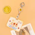 Cute floral badge reel and card holder set, retractable ID card protector with key ring for student. - Horizontal-Yellow Frame Flower Bush + White Badge Clip