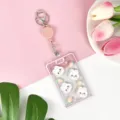 Portacarte trasparente carino con mulinello rosa e design di coniglietto per studenti. - Coniglio Carota e Clip Retrattile / Rosa