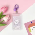 Transparent card holder with cute cartoon dog insert, purple keychain and bell for students. - Vertical PP Card Sleeve / Purple Base White Dog + Purple Lobster Clasp