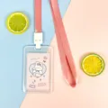 Cute transparent ID badge card holder with pink neck lanyard and lovely rabbit insert pattern. - Pink Background White Rabbit Paper Card (Pink Lanyard)