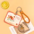 Cute cartoon floral student card holder with braided strap and keychain for ID cards. - Horizontal-Orange Frame Flower Bush + Orange Leather Rope