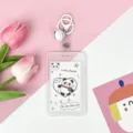 Cute transparent cartoon PP ID card holder with keychain and bell for students and office. - Vertical PP Card Sleeve / White Base Panda + White Lobster Clasp