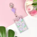 Portacarte trasparente con cordino retrattile, carinissimo porta badge floreale per studenti. - Fiore Viola e Clip Retrattile / Viola