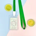 Cute transparent ID card holder with green lanyard and cartoon dinosaur insert card for students. - Green Background Small Dinosaur Paper Card (Green Lanyard)