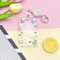 Transparent cute cartoon card holder with retractable badge reel and keychain for school office. - Sliding Transparent - Oh Pineapple Dog + White Easy Pull Buckle (Green Bear)