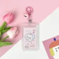 Cute transparent card holder with pink cartoon rabbit insert and cute keychain for students. - Vertical PP Card Sleeve / Pink Base White Rabbit + Pink Lobster Clasp