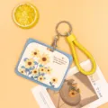 Cute sunflower card holder with yellow braided strap, blue frame identity card cover. - Horizontal-Green Frame Sunflower + Yellow Leather Rope