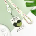 INS style green heart ID badge card holder with retractable lanyard, student bus pass cover. - English Black Green Heart / Flower Retractable Lanyard (Green Bear)