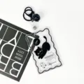 Transparent black cat transparent card holder with keychain and bell for student ID and cards. - Fishbone Black Cat (Black Bell Lobster Clasp)