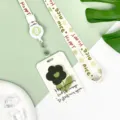 Green floral ID card holder with retractable reel and printed lanyard, ins style. - English Green Leaf Black Flower / Flower Retractable Lanyard (Green Bear)