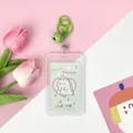 Transparent cartoon student ID card holder with green bell keychain and cute dinosaur insert. - Vertical PP Card Sleeve / Green Base Dinosaur + Green Lobster Clasp