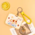 Yellow cute flower student card holder keychain ID badge protective cover with wrist strap - Horizontal-Yellow Frame Flower Bush + Yellow Leather Rope