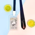 Cute cartoon rabbit ID badge holder with lanyard, clear transparent card protector case for students. - Gray Background Grey Rabbit Paper Card (Snap Black Lanyard)