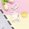 Clear acrylic card holder with spring lanyard, cute cartoon design for student ID and bus pass. - Sliding Transparent - Backpack Bear Rabbit + Double Loop White Spring Rope