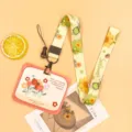 Cute student ID card holder set with sunflower lanyard cartoon floral design flat lay - Horizontal-Orange Frame Flower Bush + Sunflower Long Lanyard